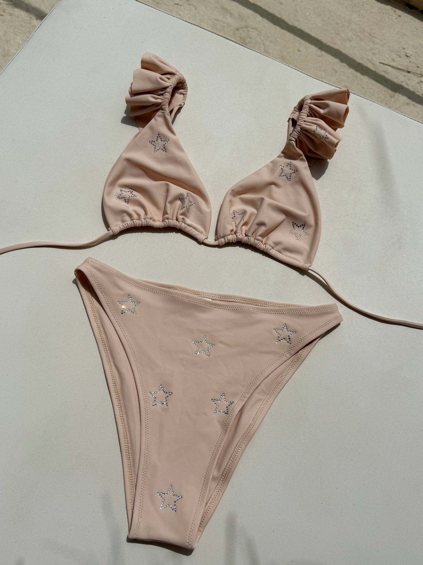 Nude Crystal Star Frill Shoulder Bikini Set