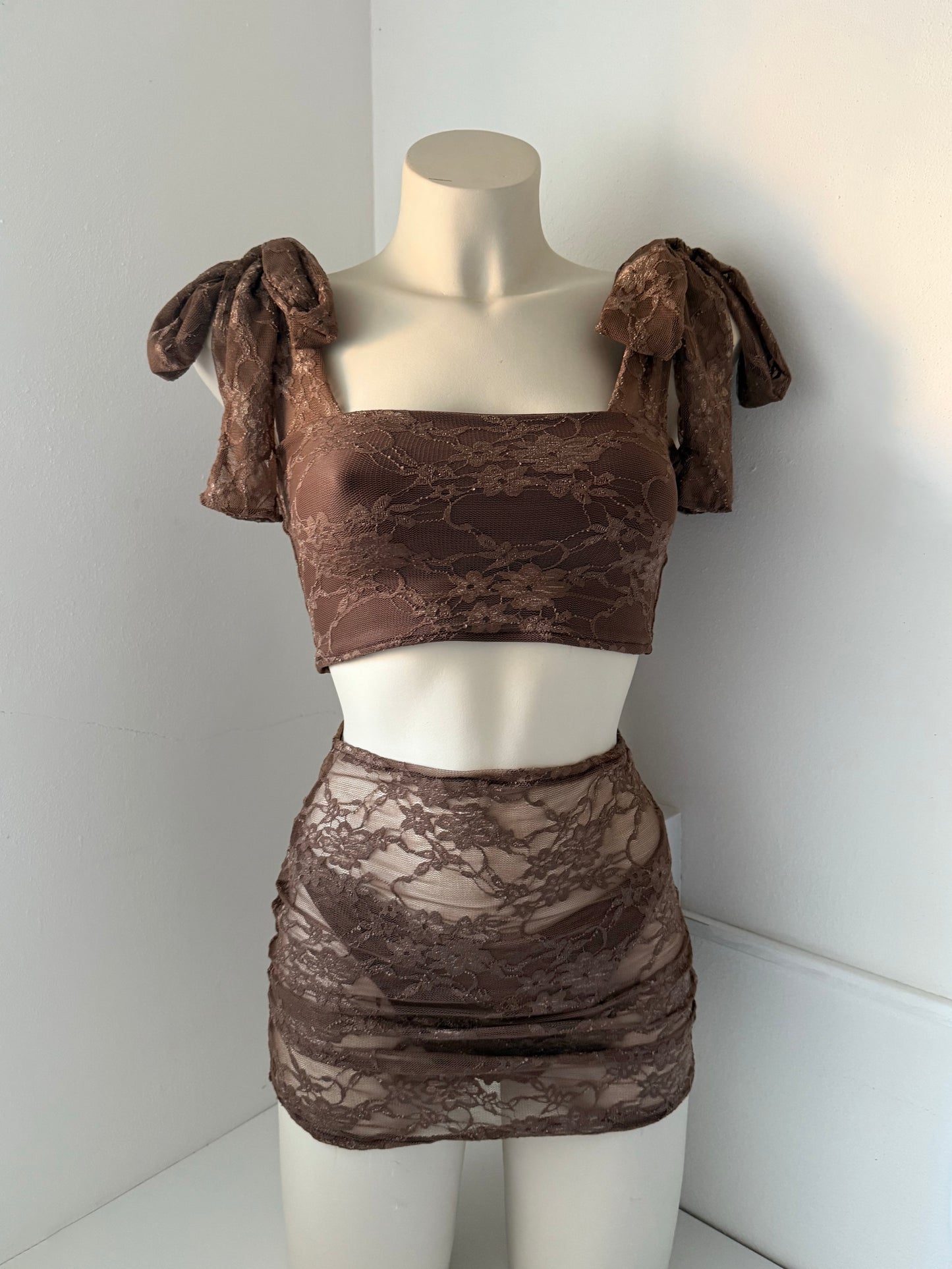 Chocolate Lace Extra Thick Tie & Mini Skirt Three Piece Set