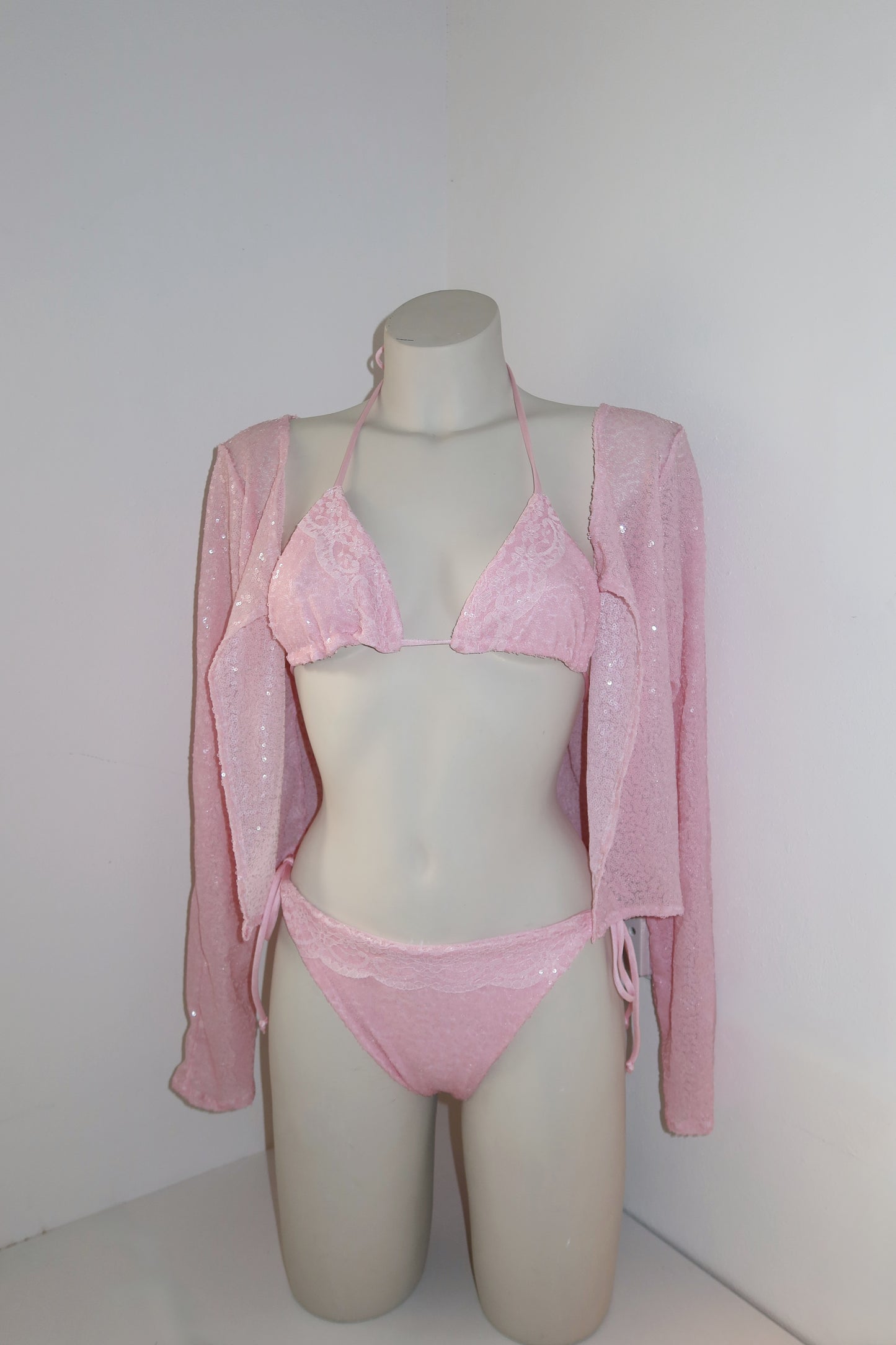 Baby Pink Sequin & Lace Trim Bikini Set