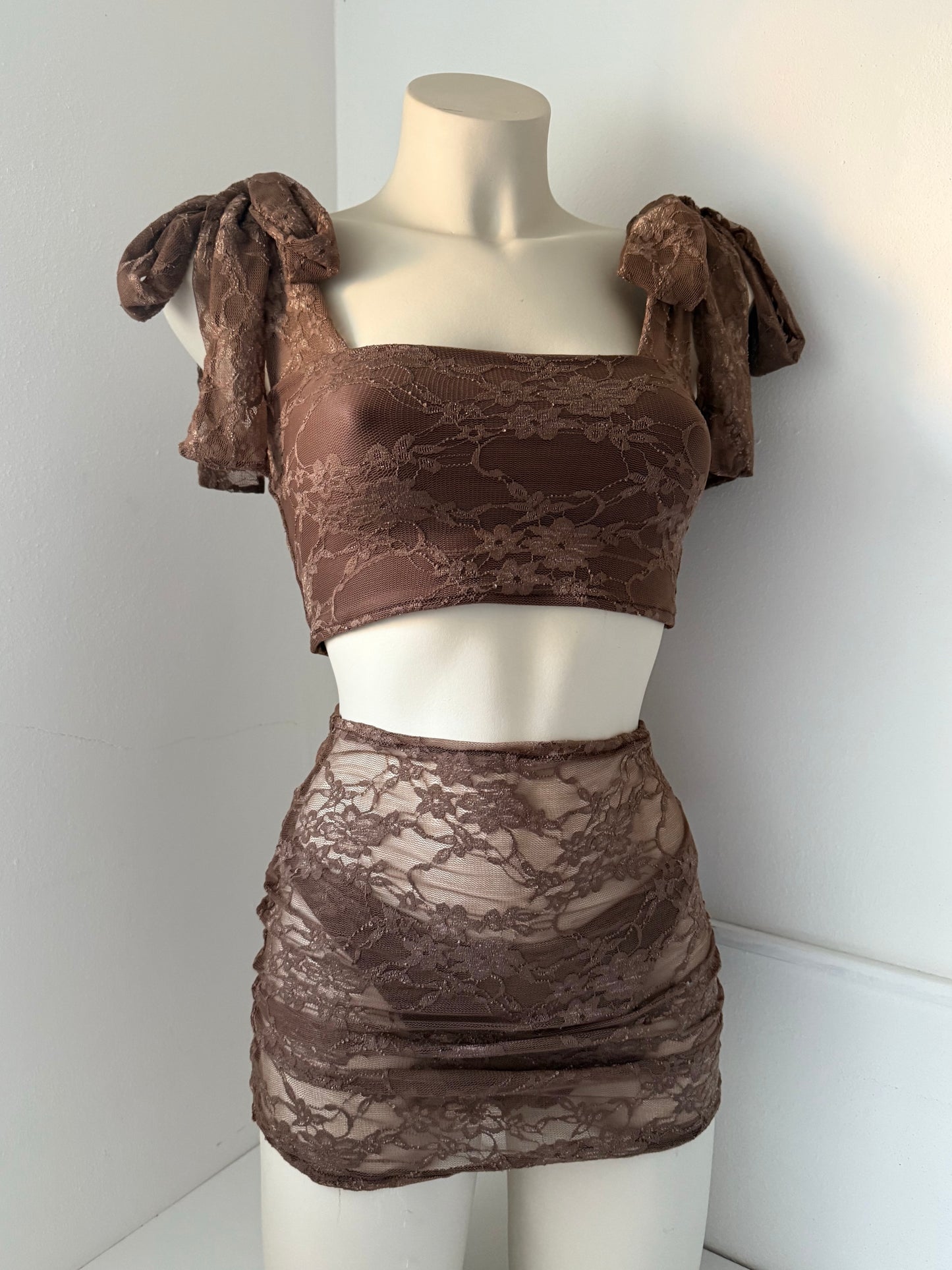 Chocolate Lace Extra Thick Tie & Mini Skirt Three Piece Set