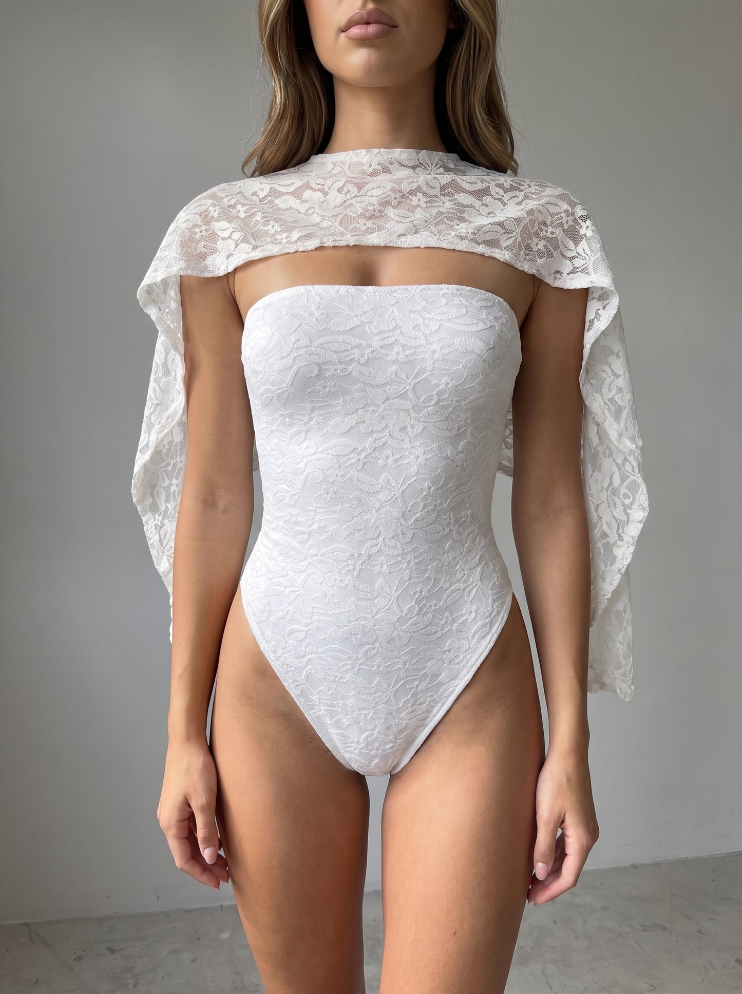 White Lace Cape & Swimsuit