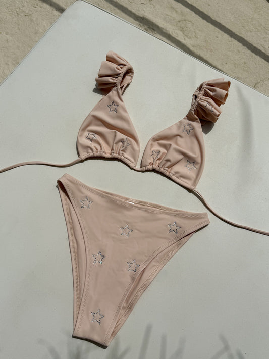 Nude Crystal Star Frill Shoulder Bikini Set