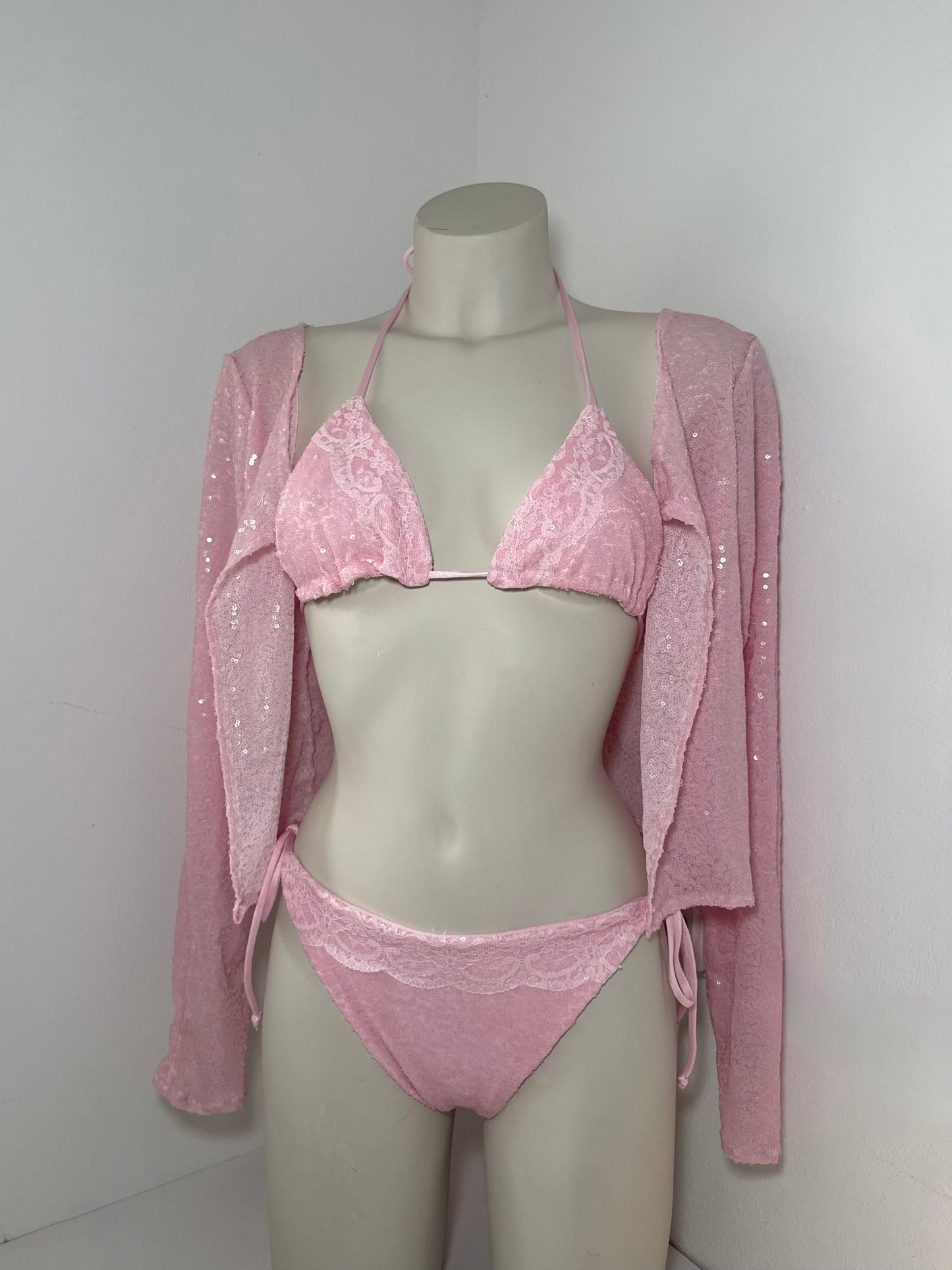 Baby Pink Sequin & Lace Trim Bikini Set