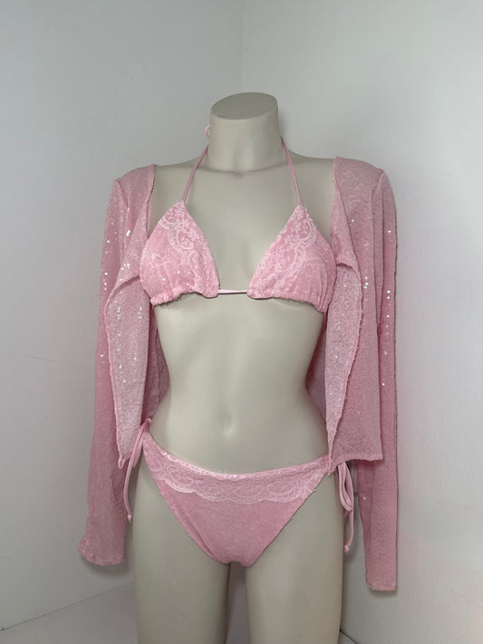 Baby Pink Sequin & Lace Trim Bikini Set