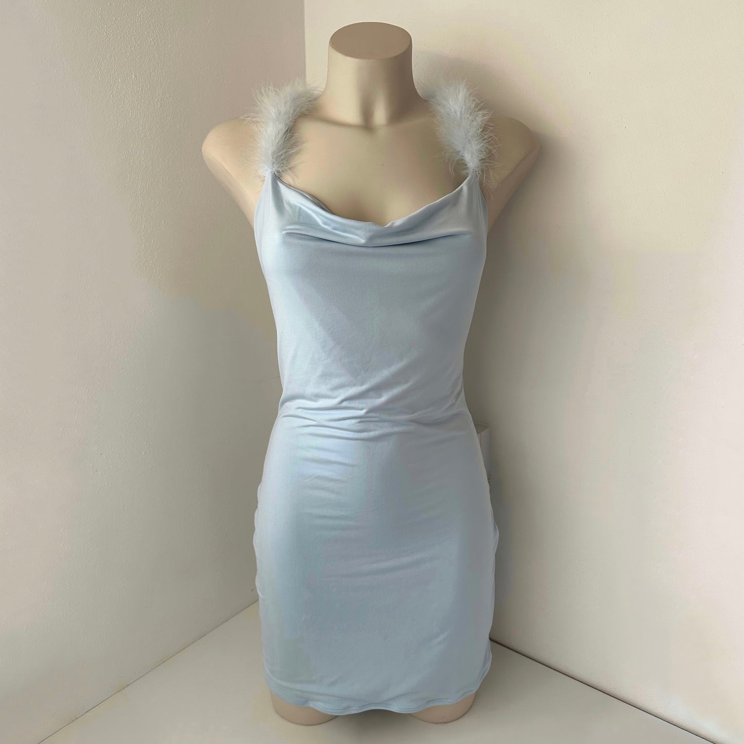 Baby Blue Marabou Cowl Neck Dress