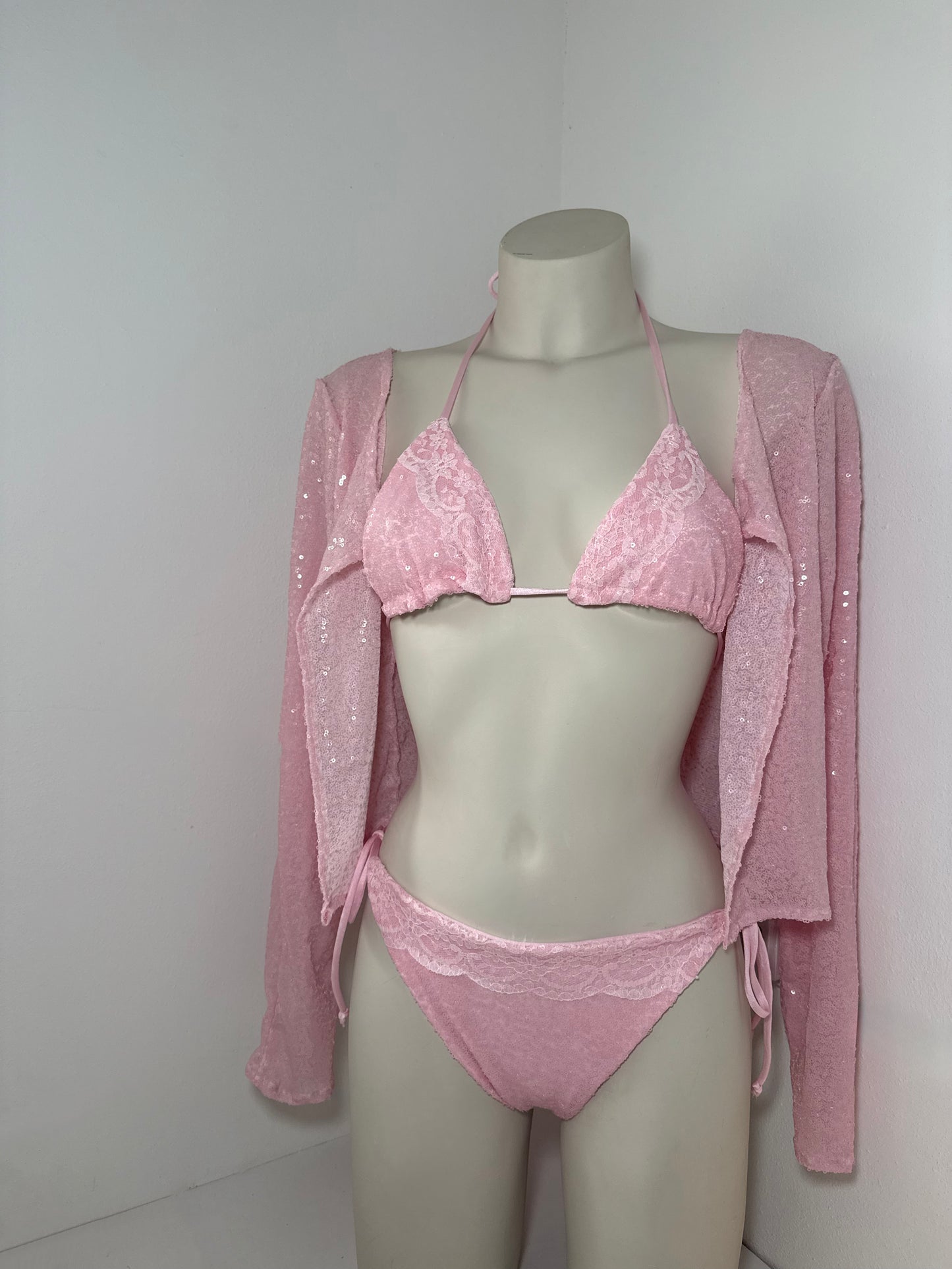 Baby Pink Sequin & Lace Trim Bikini Set