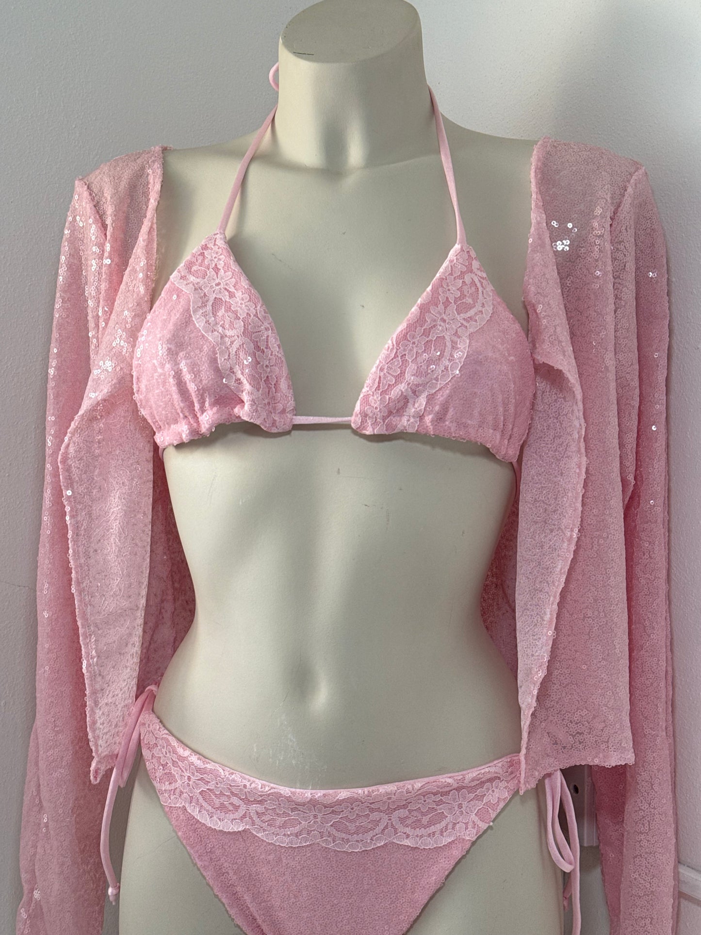 Baby Pink Sequin & Lace Trim Bikini Set