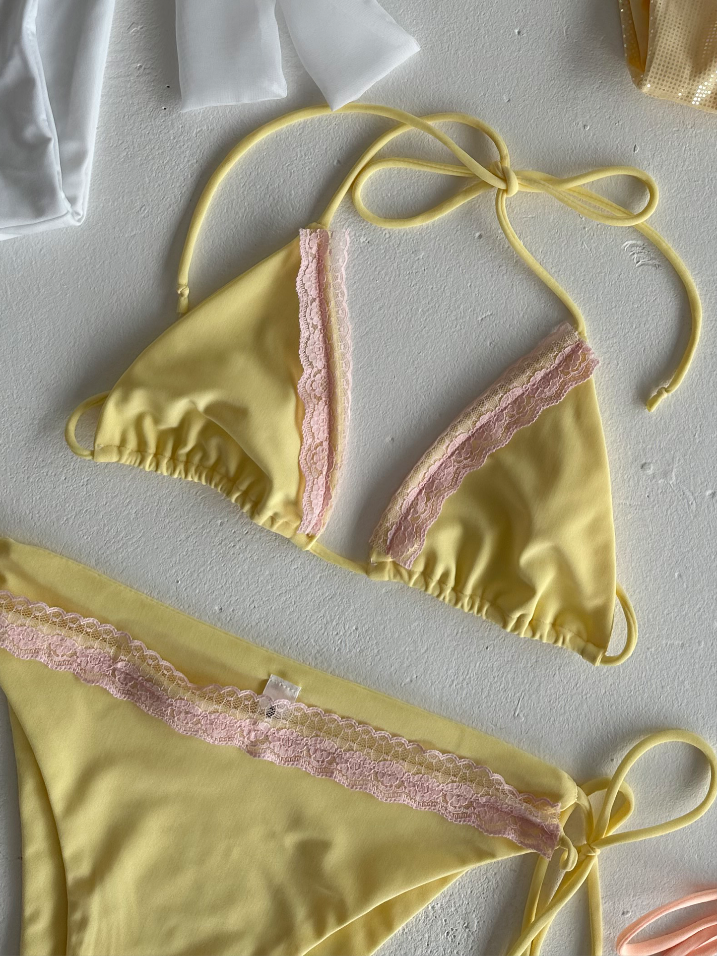 Lemon & Baby Pink Lace Trim Bikini Set