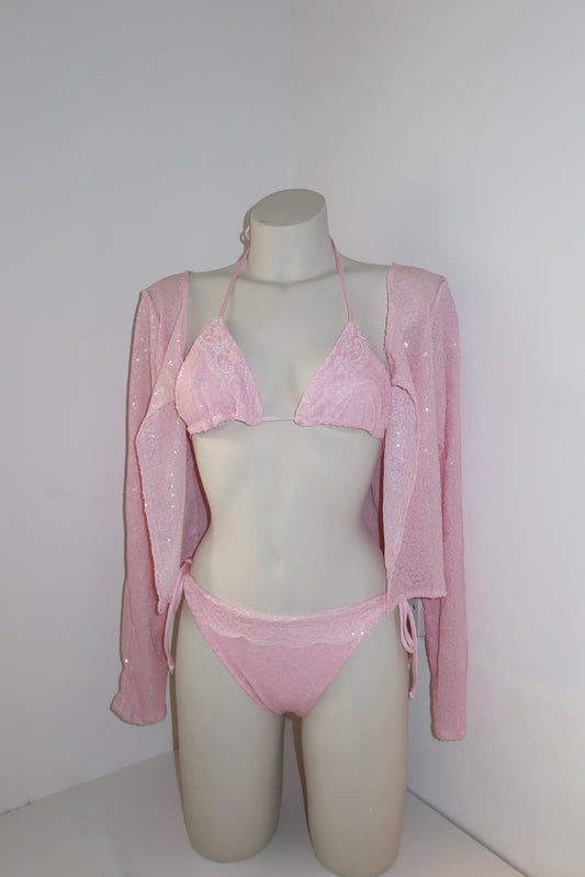 Baby Pink Sequin Front Tie Cardigan