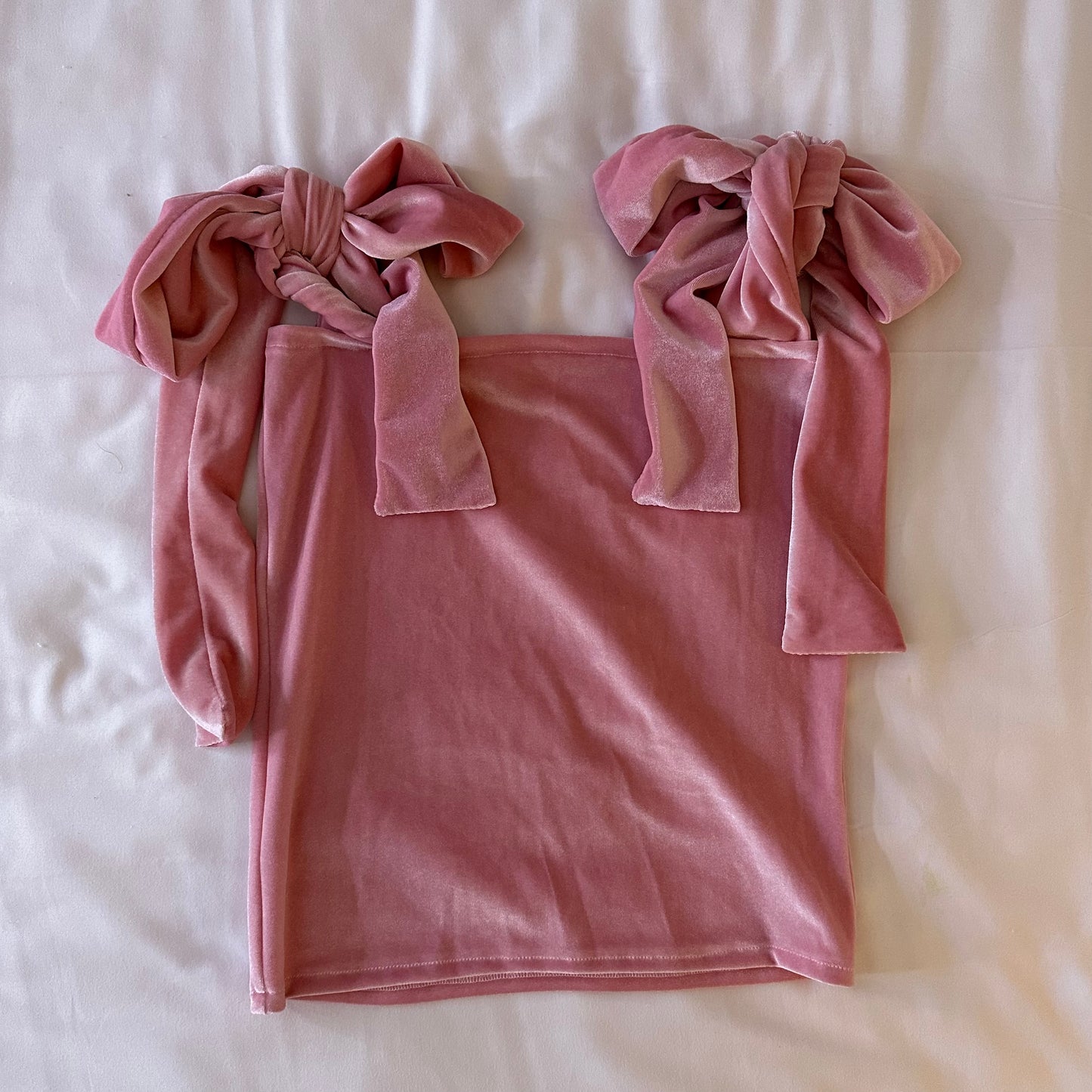 (Premade) Dusky Pink Velvet Extra Thick Shoulder Tie Crop Top - Size 8