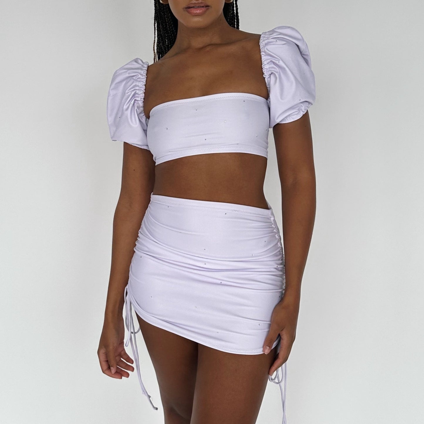 Pale Lilac Crystal Puff Sleeve Bikini & Drawstring Side Skirt Set