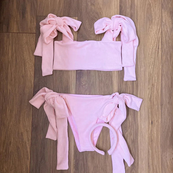 (Premade) Baby Pink Towelling Bikini & Skirt Set - Multiple Sizes