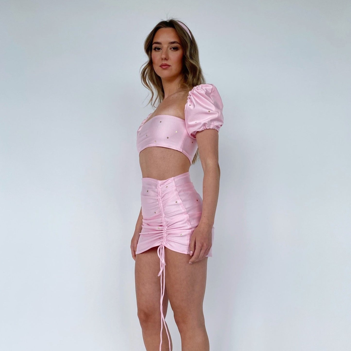 Custom Puff Sleeve Bikini & Drawstring Front Skirt Set (Various Fabrics)