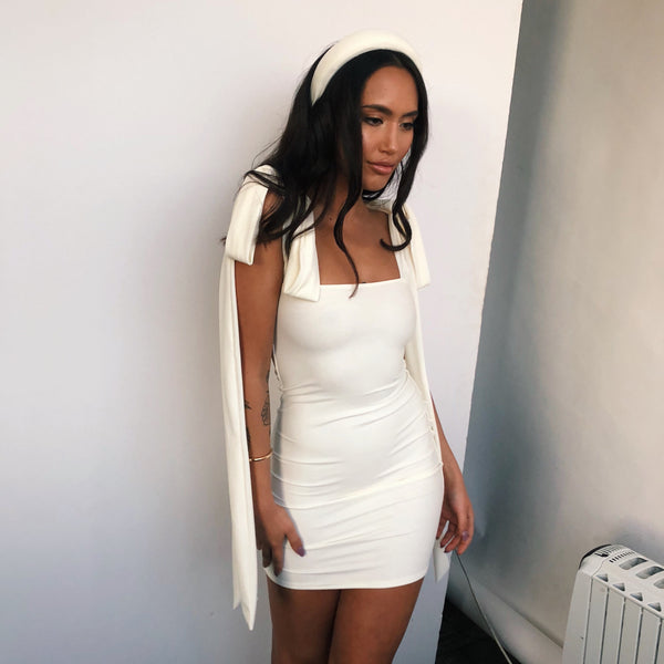 Custom Extra Thick Long Shoulder Tie Mini Dress (Various Fabrics)