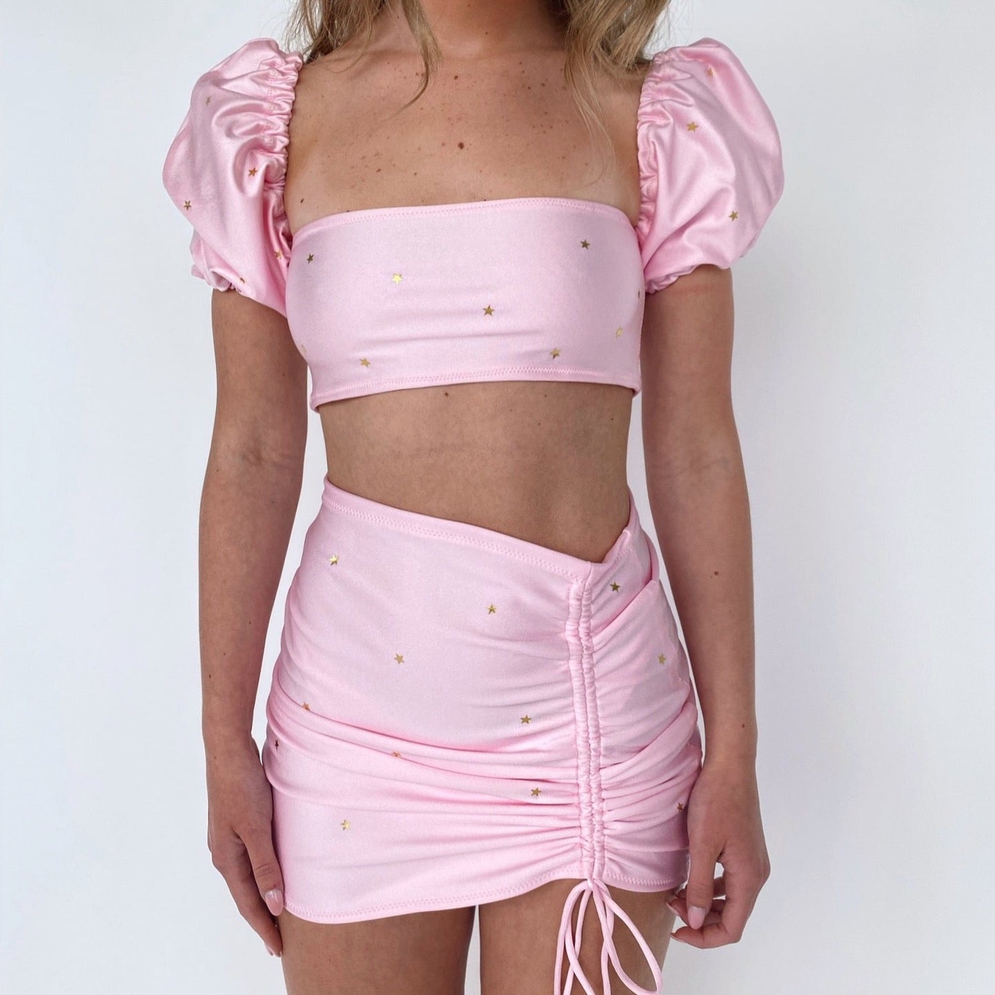 Custom Puff Sleeve Bikini & Drawstring Front Skirt Set (Various Fabrics)