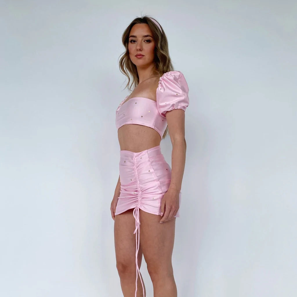 (Premade) Baby Pink Itty Bitty Star Drawstring Mini Skirt - Size 8
