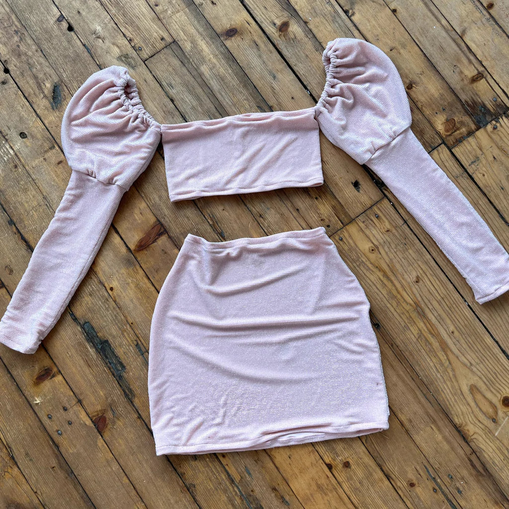 (Premade) Pale Pink Shimmer Shimmer Long Puff Sleeve Co-ord - Size 8