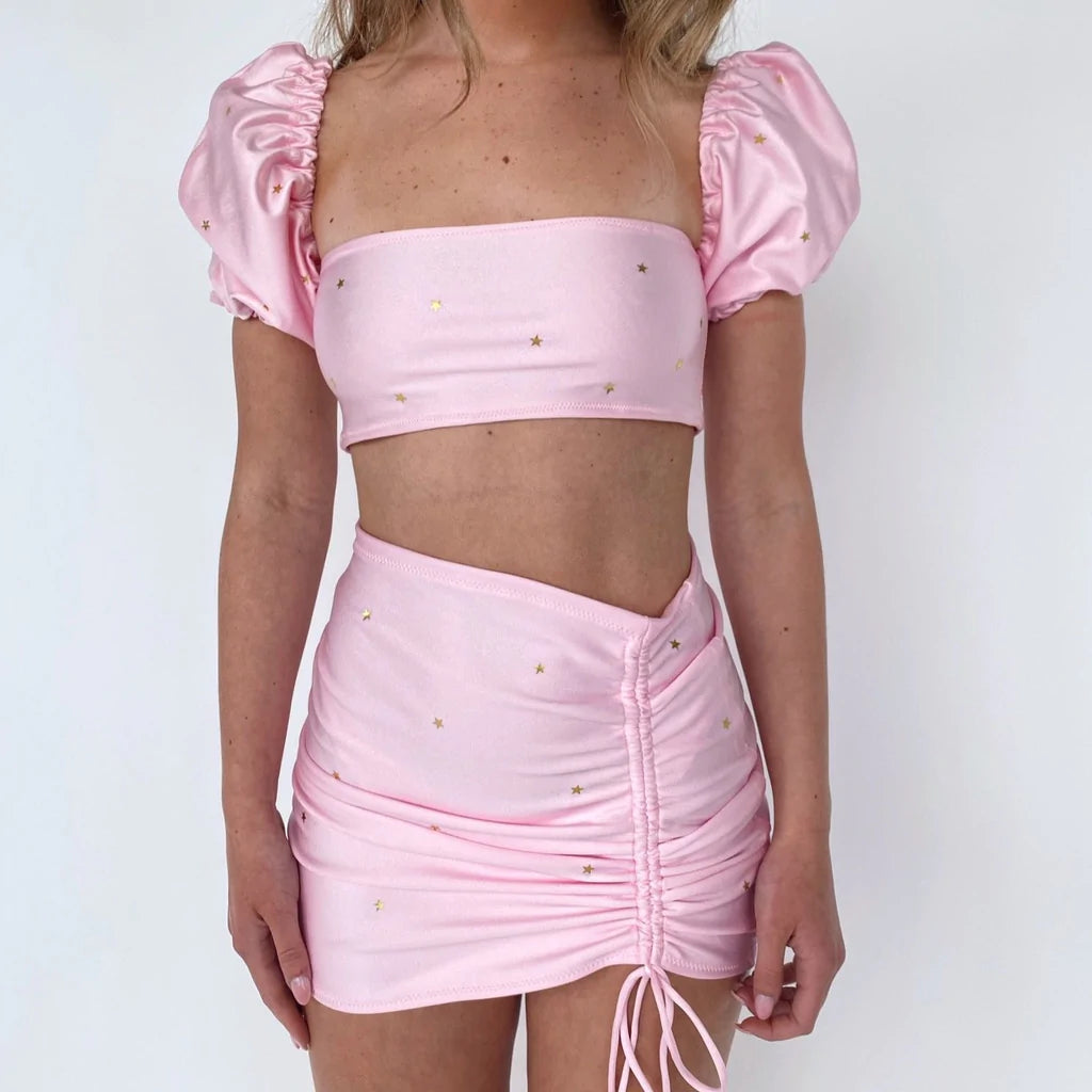 (Premade) Baby Pink Itty Bitty Star Drawstring Mini Skirt - Size 8